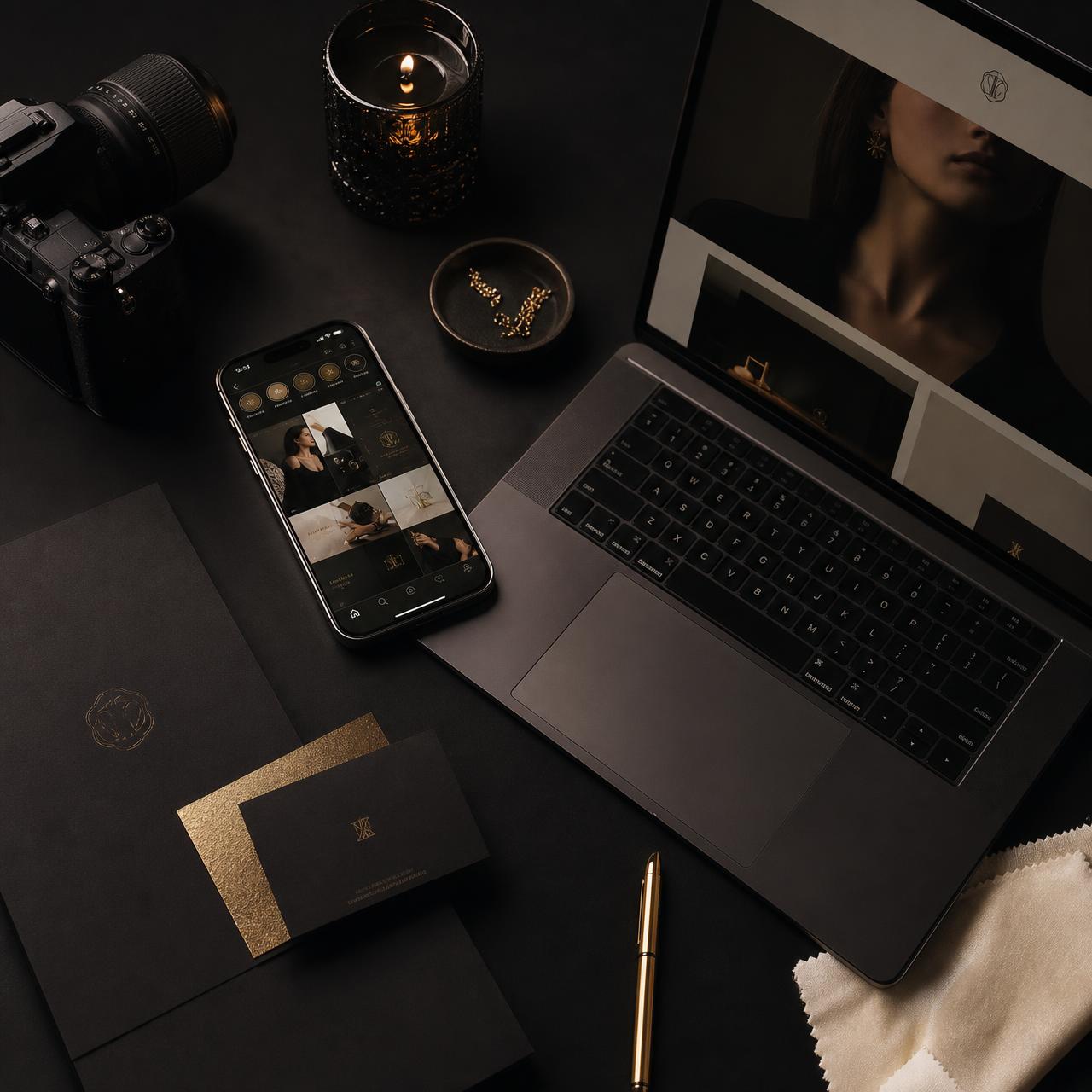 Brand With Care creative flat lay: a phone showing a branded social media feed, a laptop with a website design, gold-foil brand cards and a camera